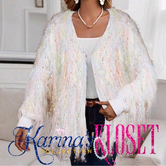 White & Pink Unicorn Fluffy Shag Sweater Cardigan w/Glam Multicolored Accents 💖 - Picture 4 of 4